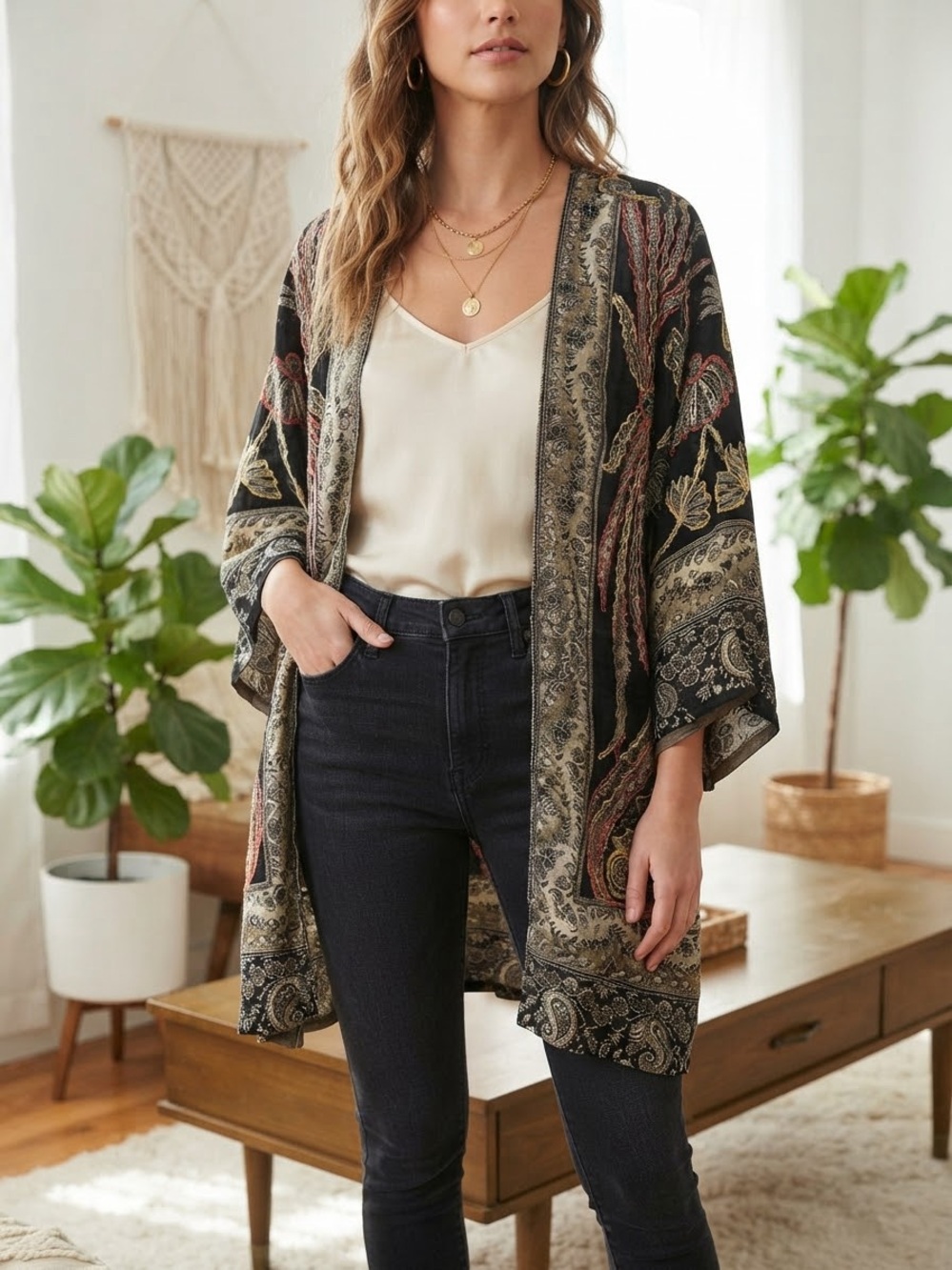 Raj Black Multi Paisley Open-Front Kimono